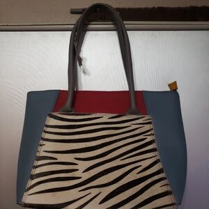 BEAUTIFUL SORUKA 100% RECYCLED LEATHER SHOULDER BAG. ZEBRA PRINT/COLORFUL BLOCKS